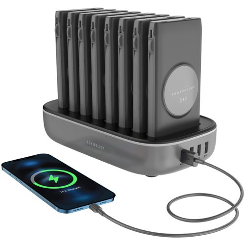 Powerology 8 in 1 Wireless Power Bank Station 10000mAh with Built-In Cable ( Lightning & Type-C ) PD 20W - Black
