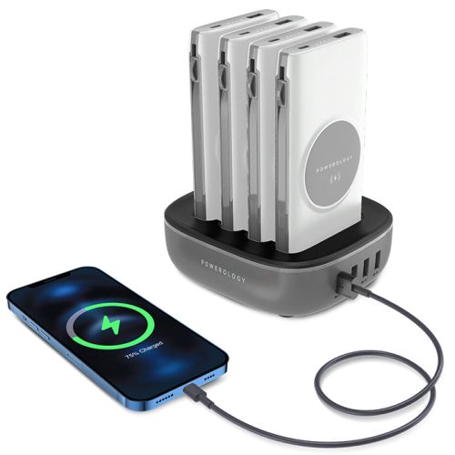 Powerology 4 in 1 Wireless Power Bank Station 10000mAh with Built-In Cable ( Lightning & Type-C ) PD 20W - White