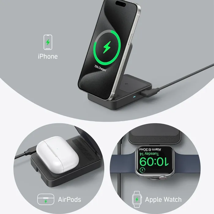 Anker Maggo Wireless Charging Station (15w Foldable 3-in-1) With