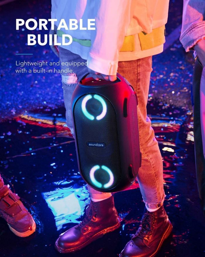 Anker Soundcore Rave Mini Portable Party Speaker Huge 80W Sound Fully Waterproof USB Charger Beat Driven Light Show App Party Games All Weather Speaker for Outdoor Tailgating Beach Camping