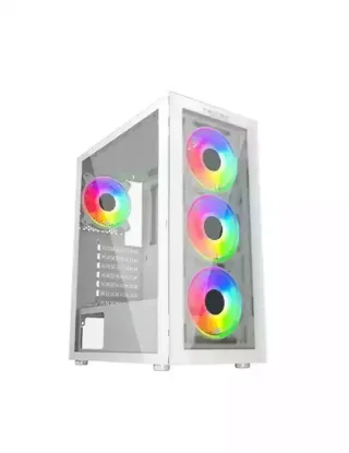 Twisted Minds Manic Shooter-03 Mid Tower Two Panel Front & Left Side Tempered Glass Case With 4 Rgb Fans - White